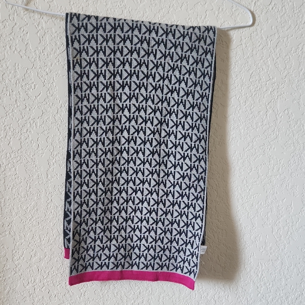 Michael Kors Black and White Logo Scarf with Pink Trim
